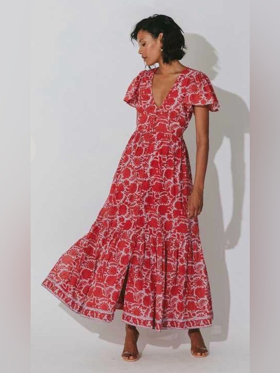 NEW!! 🌺 Cleobella Sasha Ankle Dress Flora Red Floral Maxi Organic Cotton S